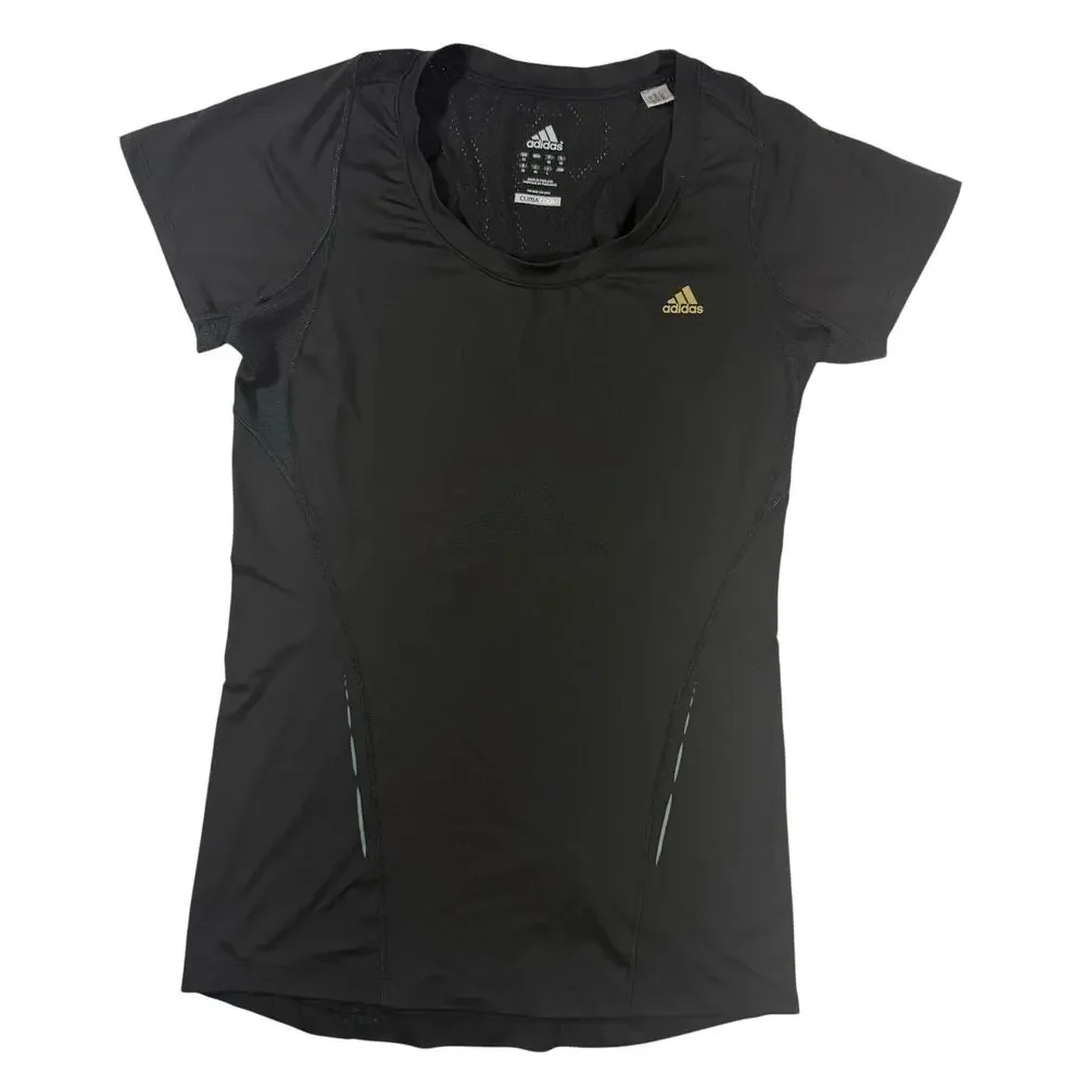 Adidas Womens S Black Active Tee Gold Logo Mesh Panels Running Training Top - Picture 2 of 9